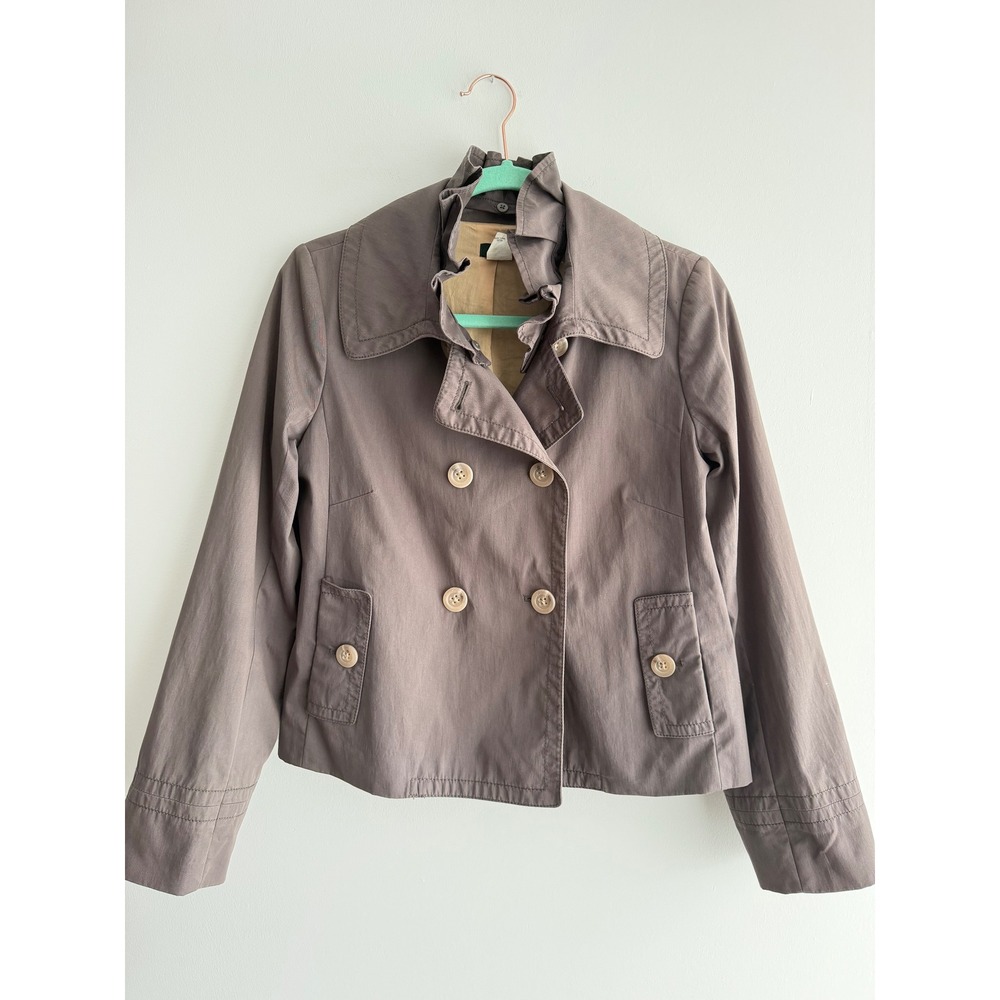 J.Crew Womens Double Breasted Ruffle Collar Jacket Gray Crop Trench Size 4